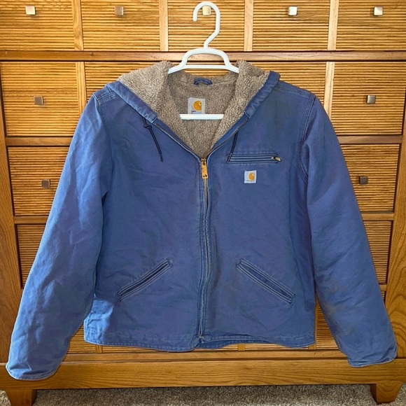Gorgeous steel blue CARHARTT DUCK WASHED HOODED JACKET with Sherpa Lining VGC